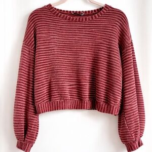 Lush Maroon Striped Chenille Crew Neck Airy Sweater| Balloon Sleeves Sz: S